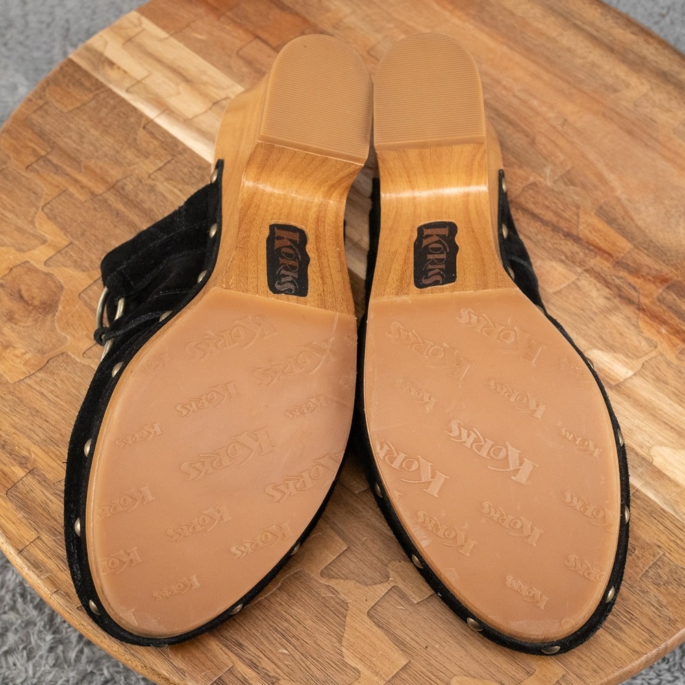 Korks Woodley Black Suede Boho Wooden Platform Clogs Mules Size 10 - Picture 6 of 6